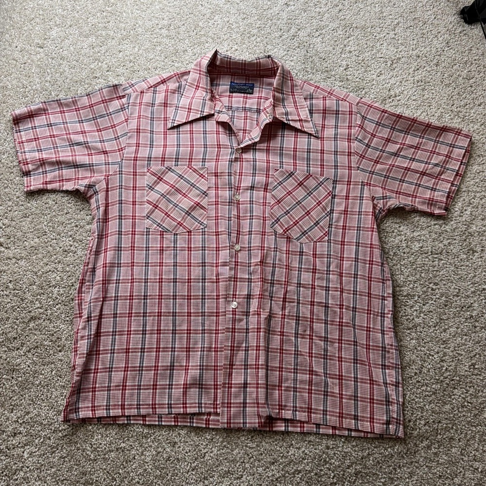 Vintage Permanent Press Shirt Mens Large Red Plaid Short Sleeve Button Up Casual